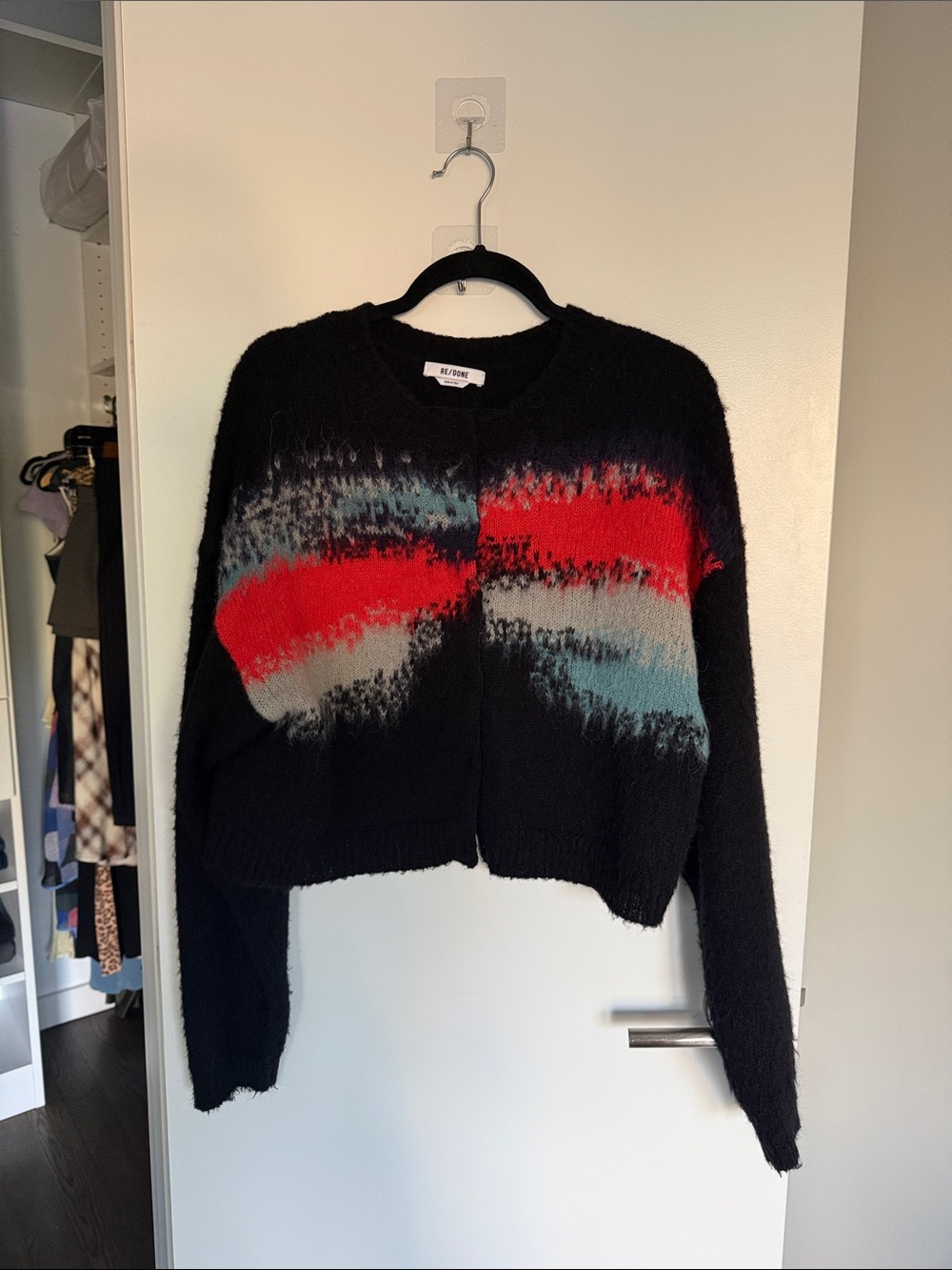 Re/Done Black Cropped Cardigan with Red and Teal Brushstroke